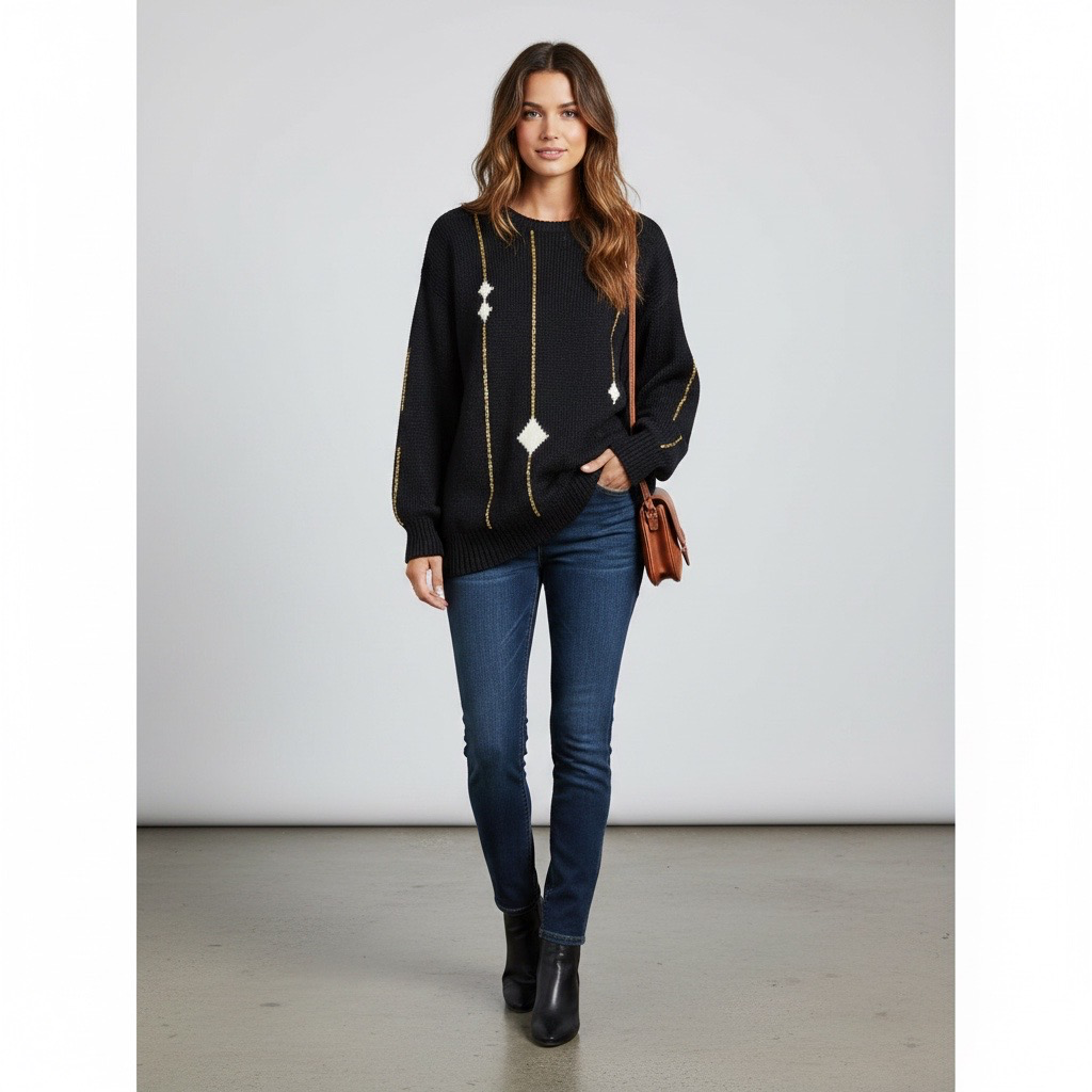 Sweater Negro con Detalles Dorados
