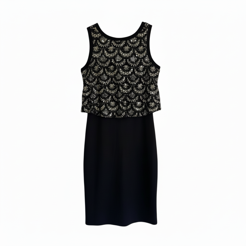 Vestido VNTG Negro con Bordado Dorado – Corte Lápiz