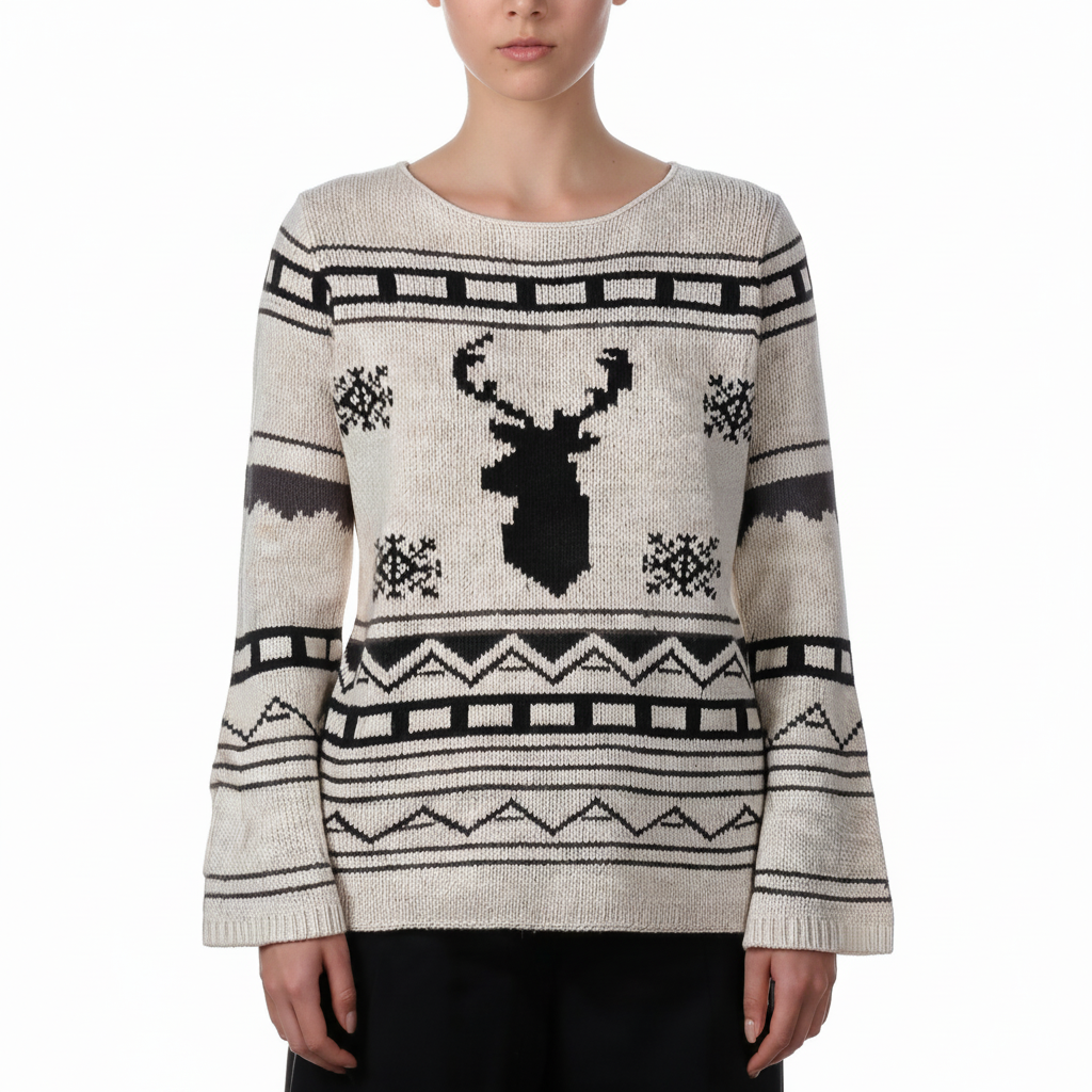 Sweater VNTG nórdico beige con diseño de ciervo