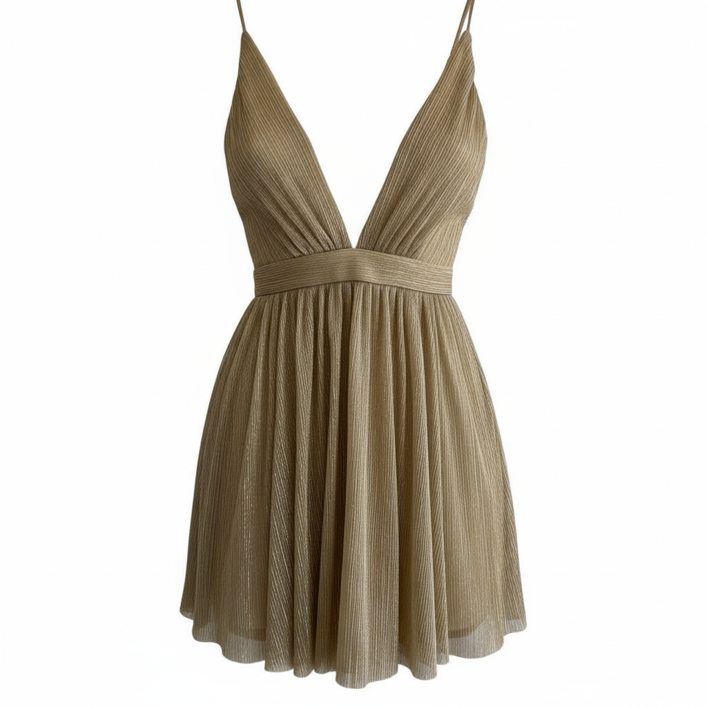 Vestido VNTG Dorado Plisado Escote V