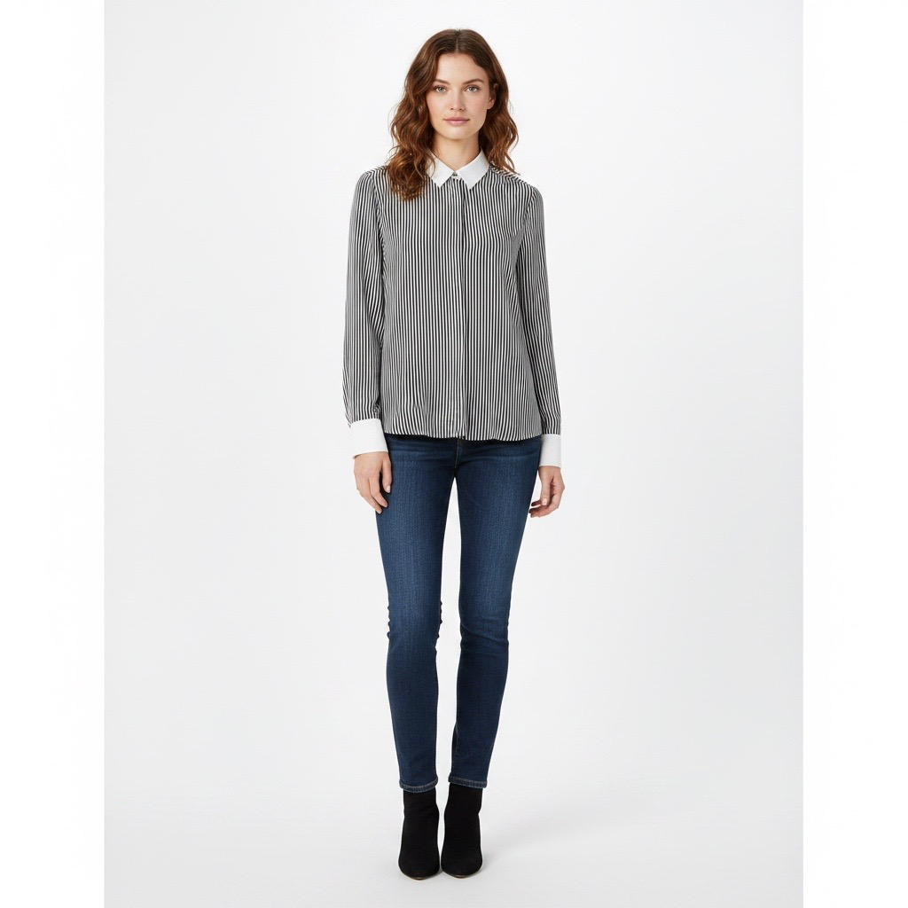 Blusa de Seda Rayada Navy y Marfil