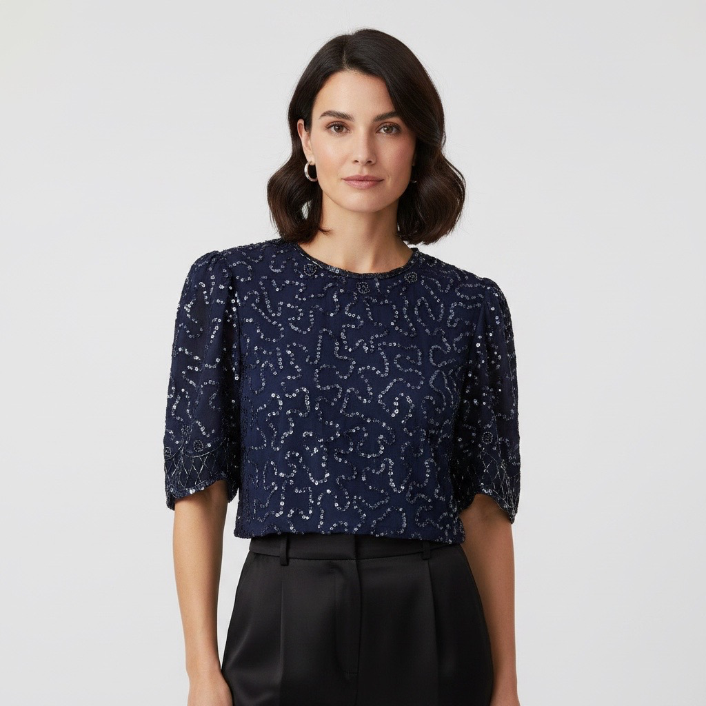 Peto Upcycled de Seda Azul Bordado con Lentejuelas