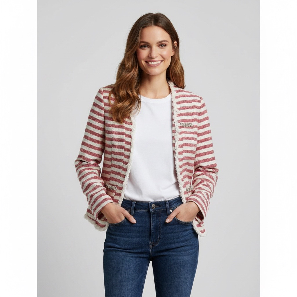 Blazer Rayas Rosa & Crudo Estilo Chanel