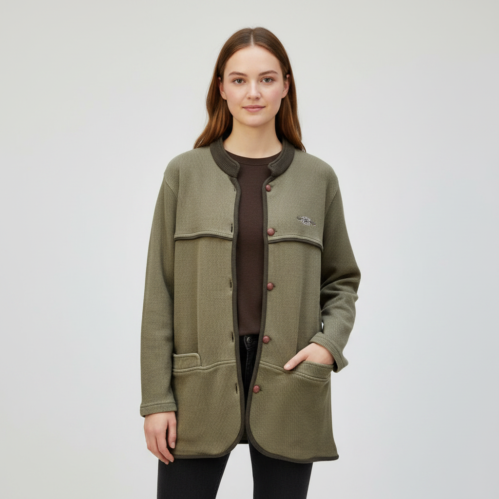 Cardigan VNTG verde oliva con detalles en contraste