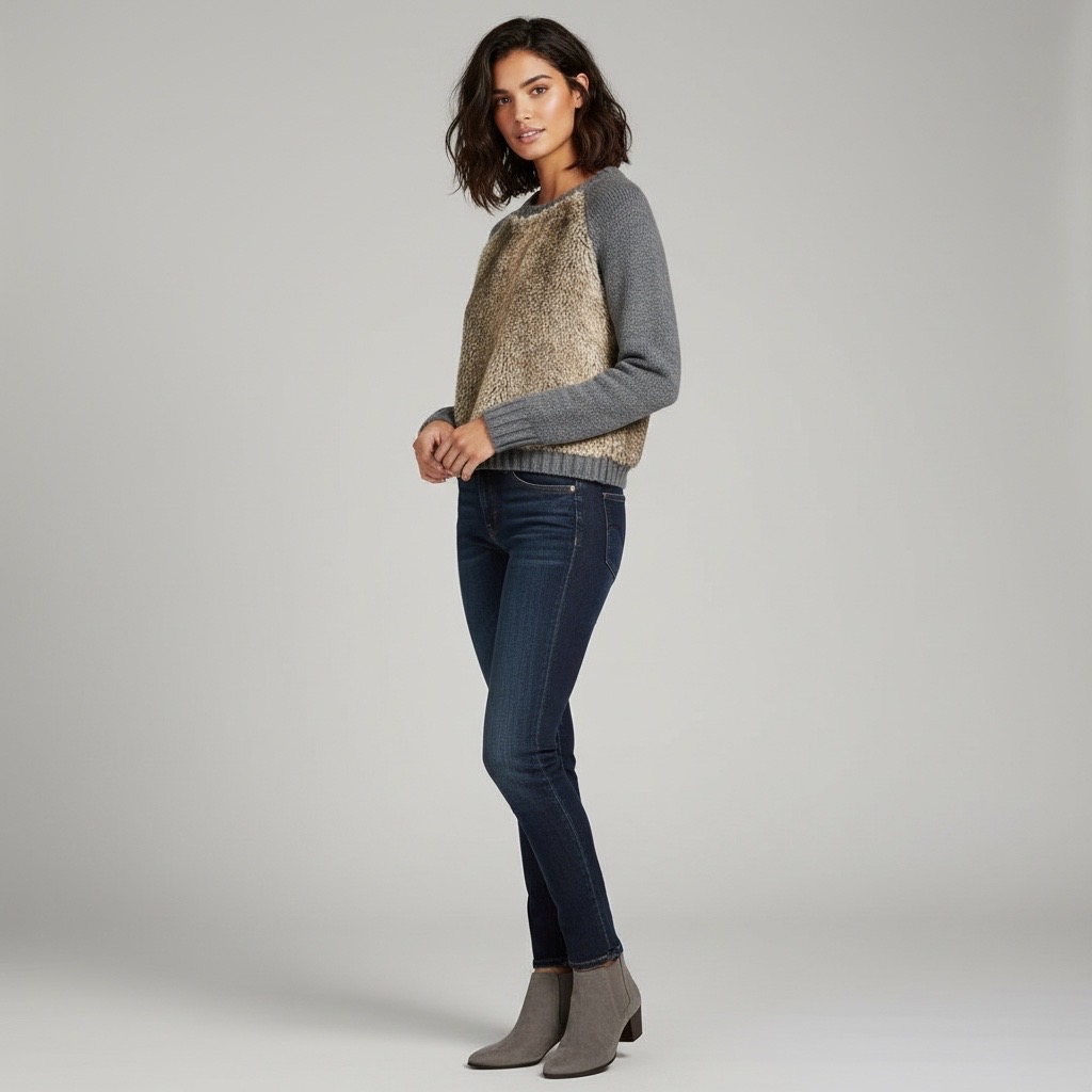 Sweater tejido gris con panel de piel sintética