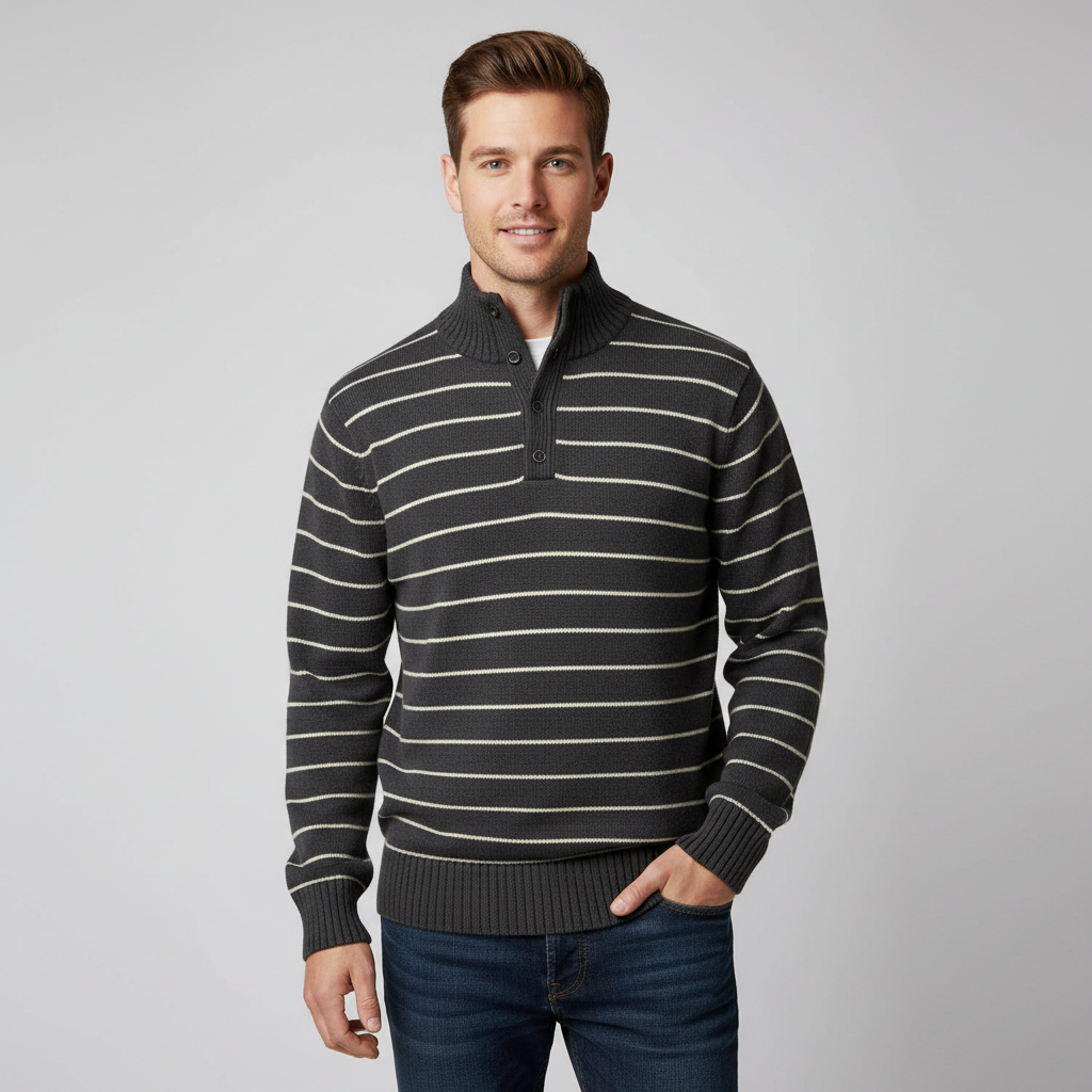 Sweater VNTG café rayado con cuello alto abotonado