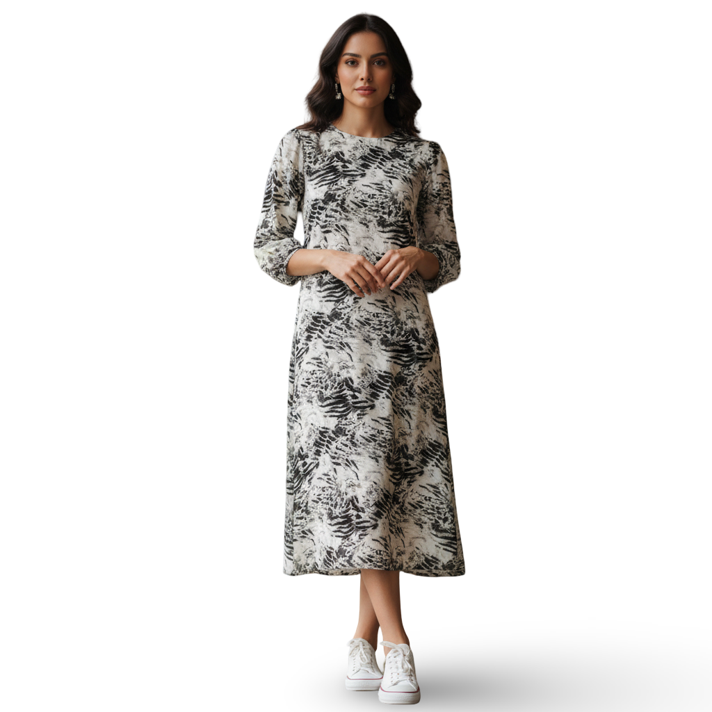 Vestido VNTG Beige & Negro – Estampado Orgánico