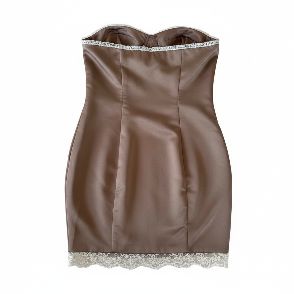 Vestido VNTG Strapless Satinado con Encaje