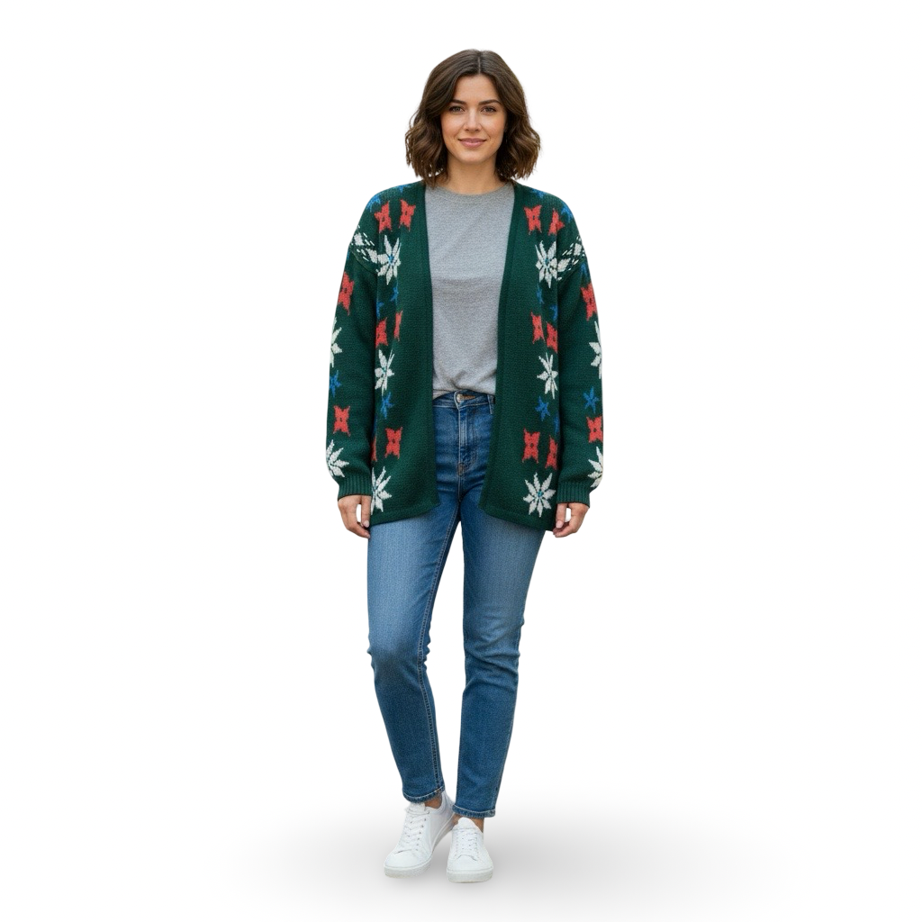 Cardigan VNTG Verde con Diseño Nórdico